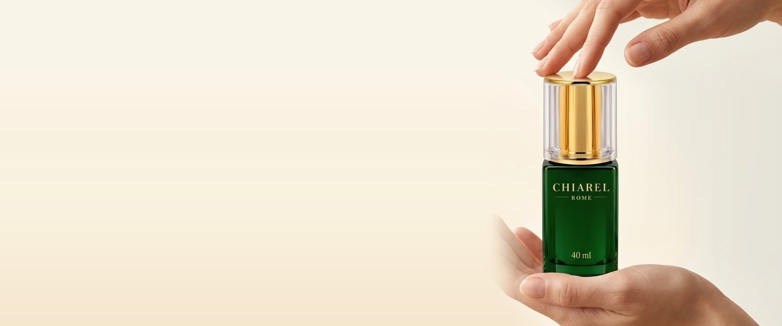 Two hands presenting the CHIAREL Neck & Décolleté Renewal Emulsion in its 40 ml green glass bottle