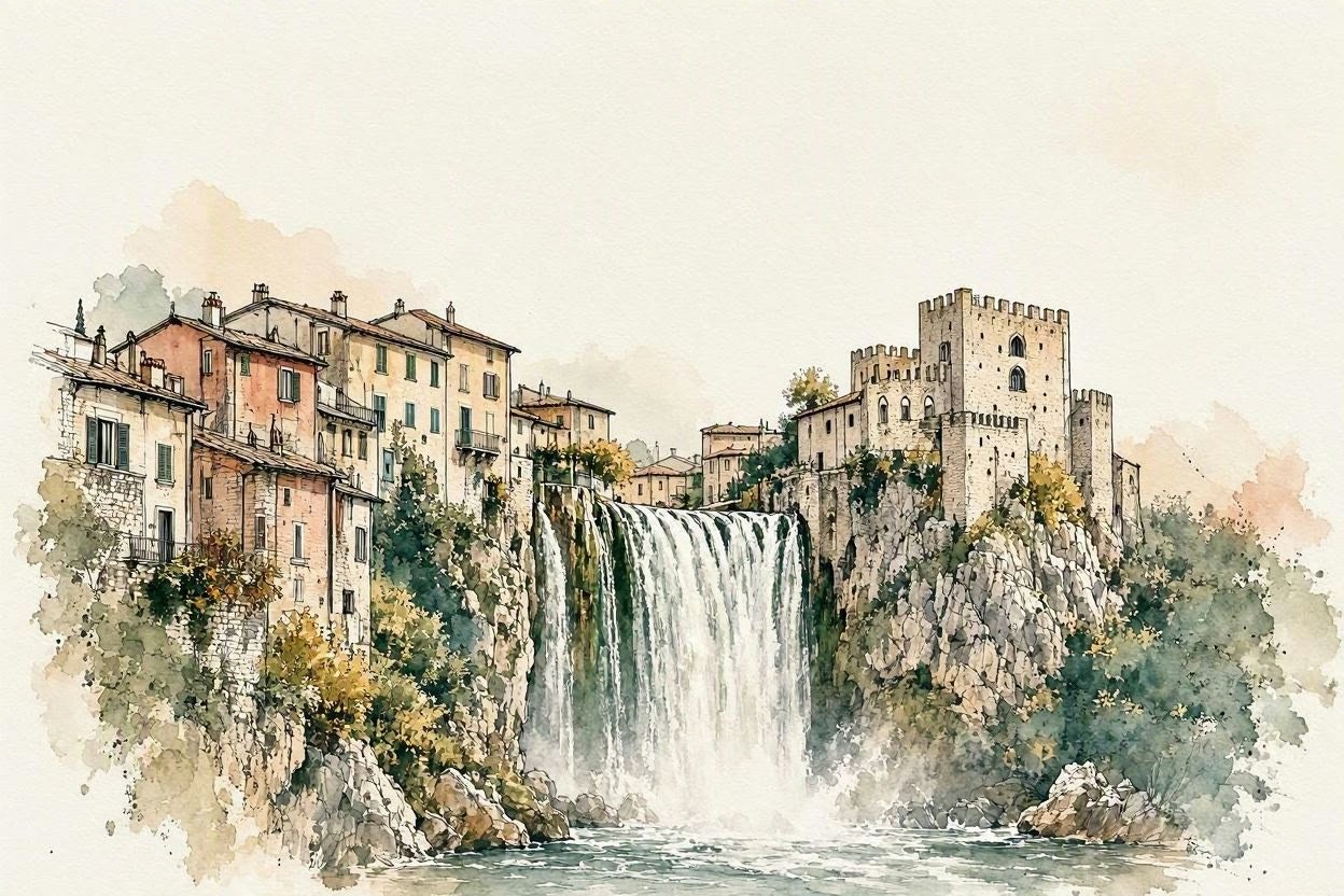 Illustration of Isola del Liri: the Cascata Grande, the castle above it, and the town's ochre houses