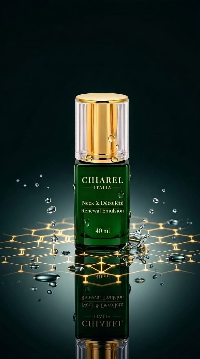 Clarity Neck & Décolleté Crème on a reflective surface with water droplets and a honeycomb pattern