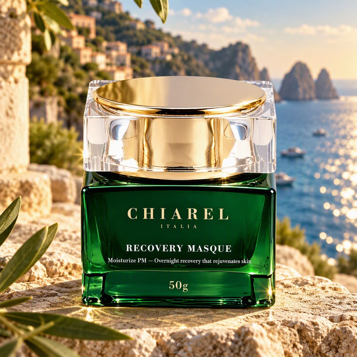 Recovery Masque on sunlit rock above the Capri coastline