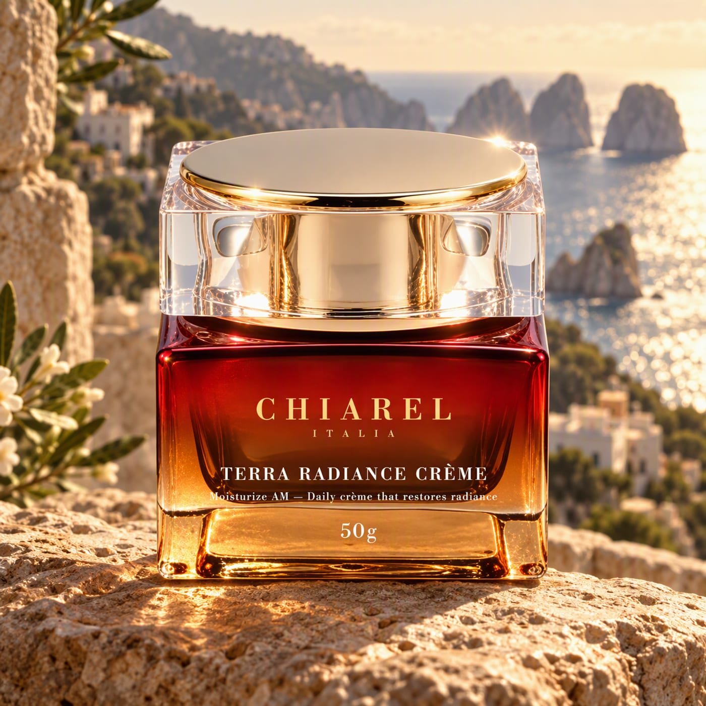 Terra Radiance Crème on sunlit limestone above the Faraglioni of Capri