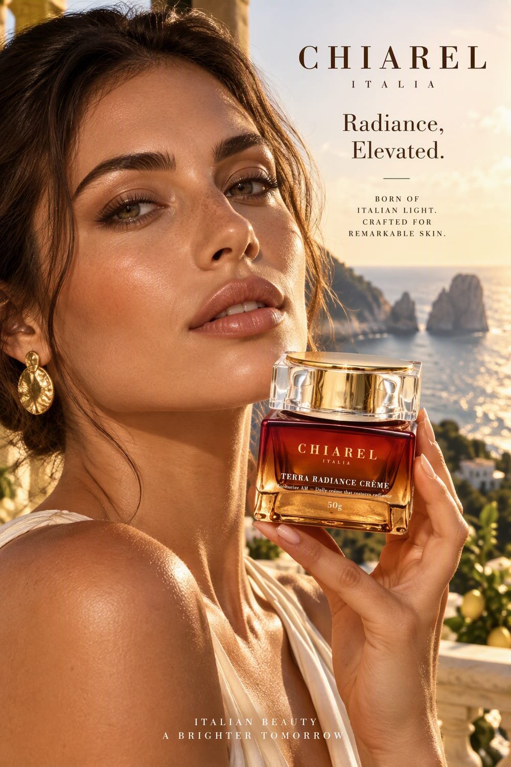 A woman holding Terra Radiance Crème against the Capri coastline